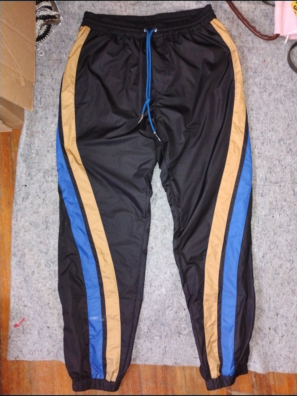 Roberto Cavalli Black Track Joggers with Blue and Tan Stripes